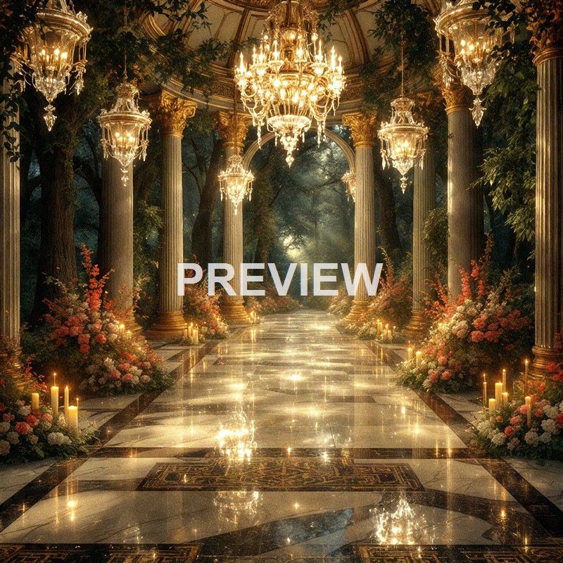 An ornate, luxurious hall featuring tall classical columns, a polished marble floor, multiple chandeliers, and lush floral arrangements with candles, all illuminated with warm lighting.